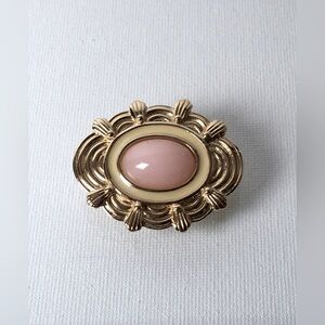 Vintage Gold Tone Brooch Edwardian Inspired Blush Colour Acrylic Center Cabochon